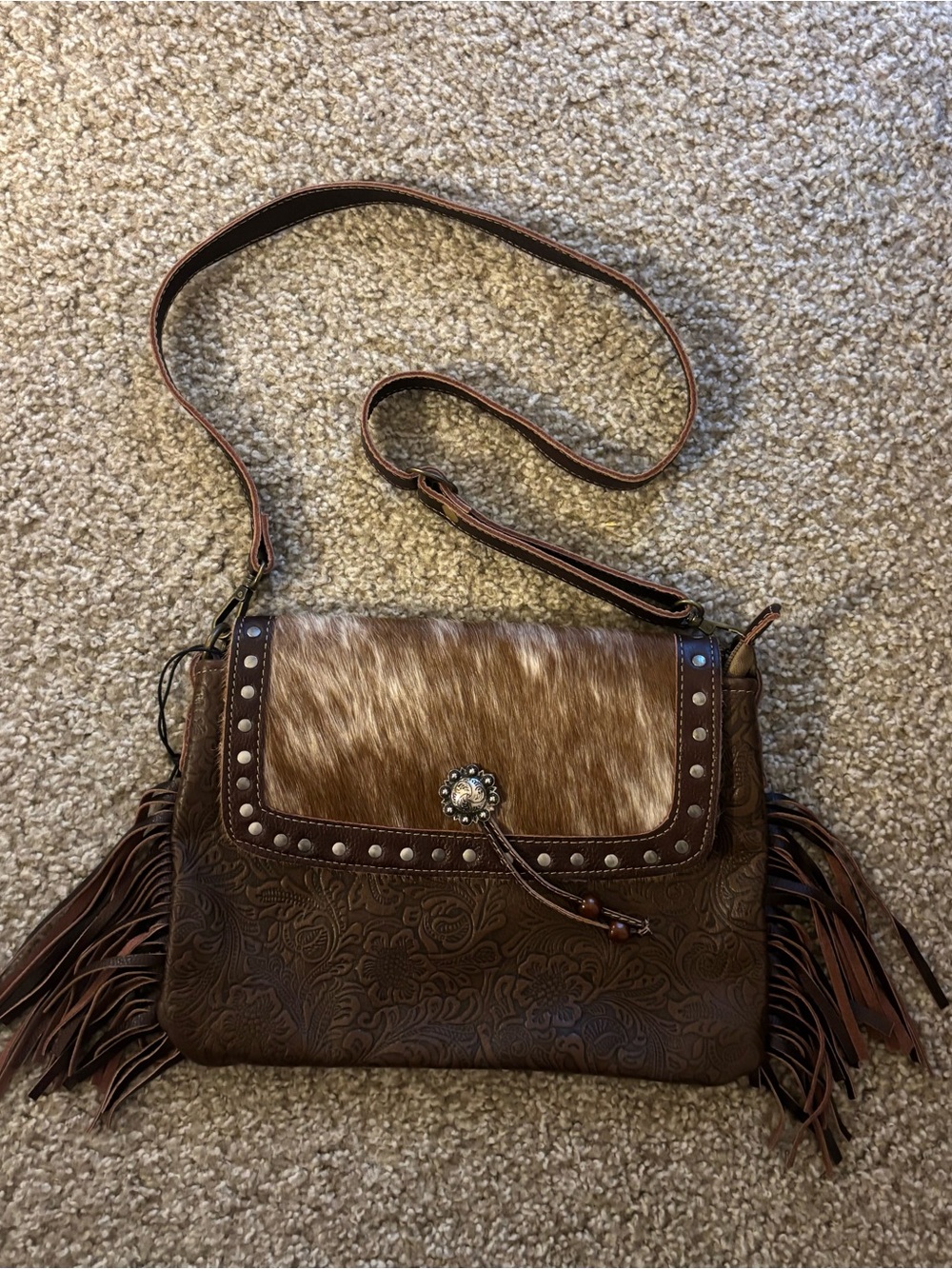 Myra Bag Brown Tooled Leather Crossbody with Haircalf Flap and Fringe Accent